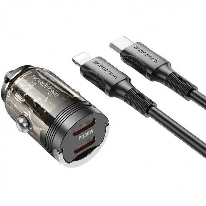 Автомобильное зарядное устройство Borofone BZ29B PD36W + Type-C to Lightning Transparent
