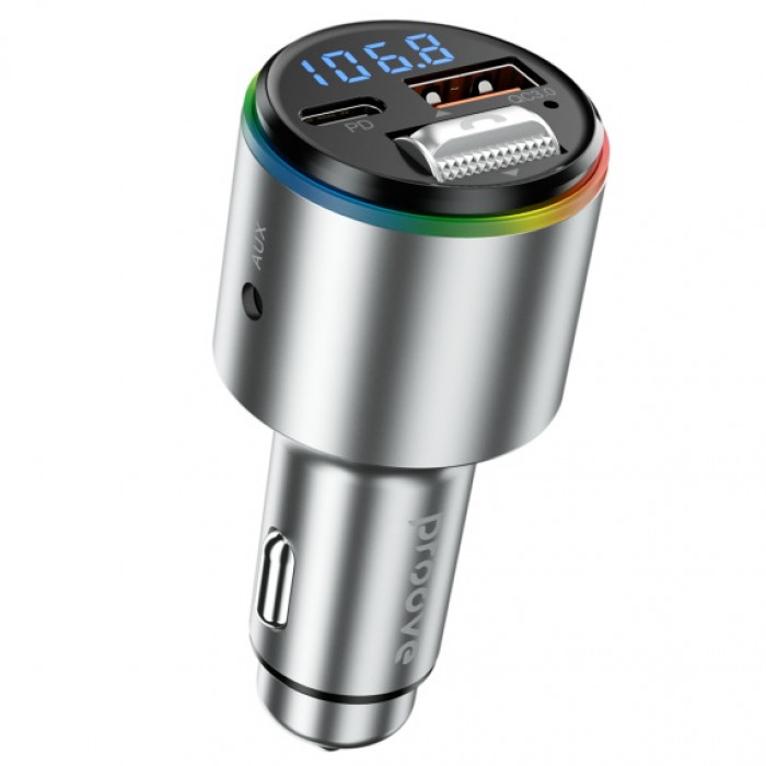 Автомобильное зарядное устройство Proove FM Launcher Power Drive 30W (PD+QC3.0) Type-C+USB+AUX Silver