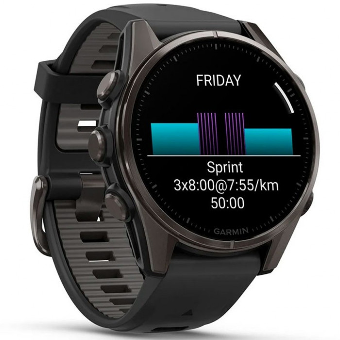 Смарт-годинник Garmin Fenix 8 43mm AMOLED Sapphire Carbon Gray DLC Titanium Bezel with Black/Pebble Gray Silicone Band (010-02903-20/21/28)