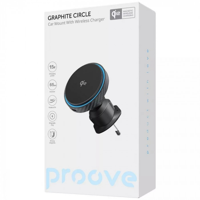 Автомобильный держатель с беспроводной зарядкой Proove Graphite Circle Qi2 15W Black (WHGC15010001)