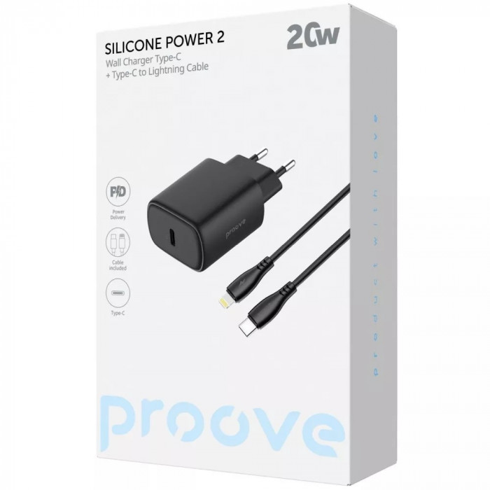 Мережевий Зарядний Пристрій Proove Silicone Power 2 20W (Type-C) + Cable Type-C to Lightning (1m) Black (WCSP22010001)