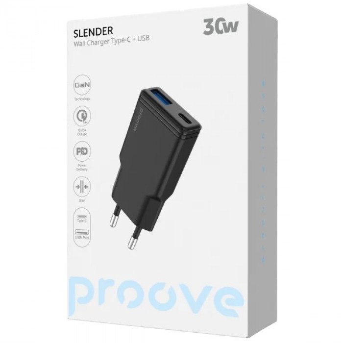 Сетевое зарядное устройство для Proove Slender 30W Type-C+USB Black (WCSL30110001)