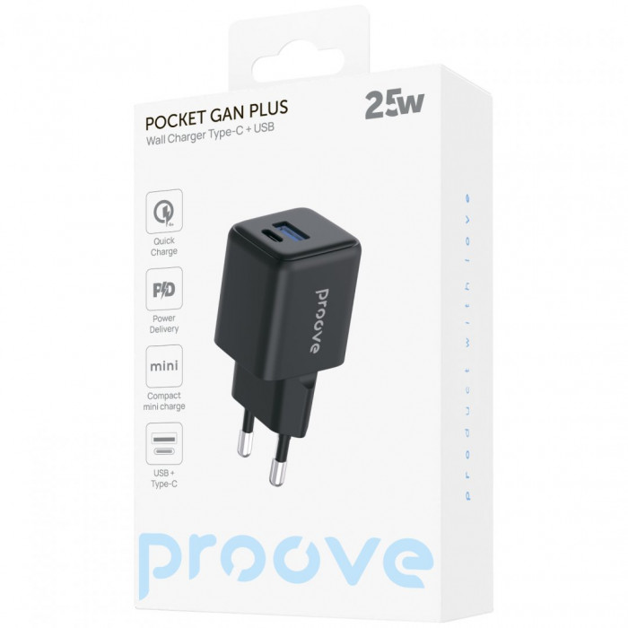 Мережевий зарядний пристрій Proove Pocket GaN Plus 25W Type-C+USB Black (WCPG25111201)
