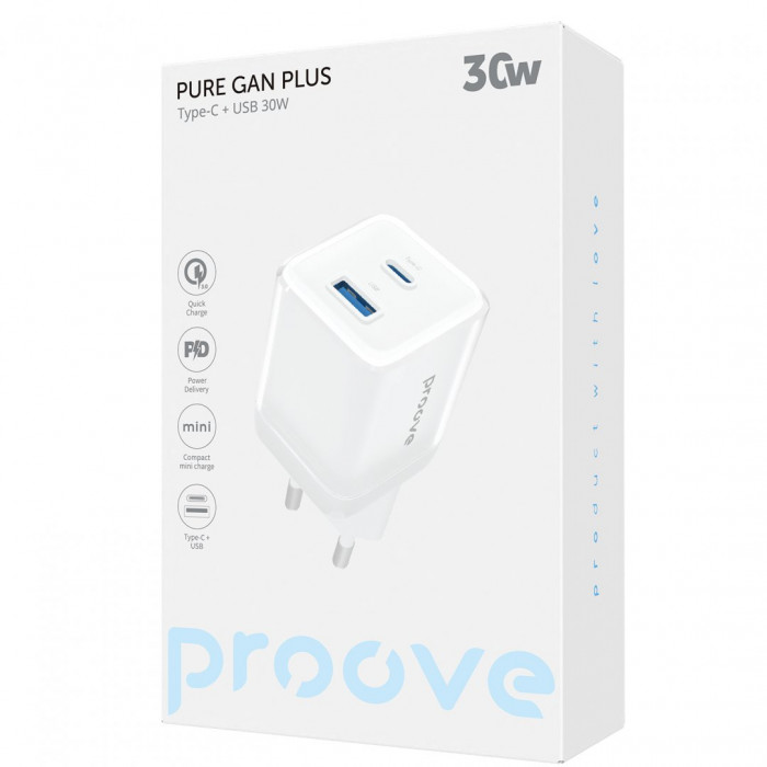 Мережевий зарядний пристрій Proove Pure GaN Plus 30W (Type-C + USB) White (WCPU30111202)