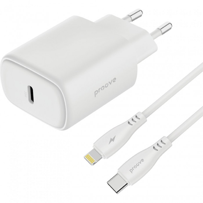 Мережевий зарядний пристрій Proove Silicone Power 2 20W (Type-C) + кабель Type-C to Lightning (1m) White (WCSP22010002)