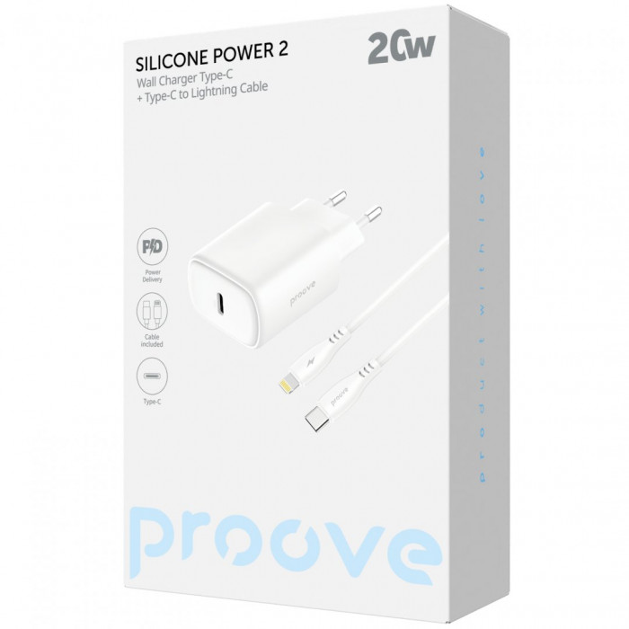 Мережевий зарядний пристрій Proove Silicone Power 2 20W (Type-C) + кабель Type-C to Lightning (1m) White (WCSP22010002)