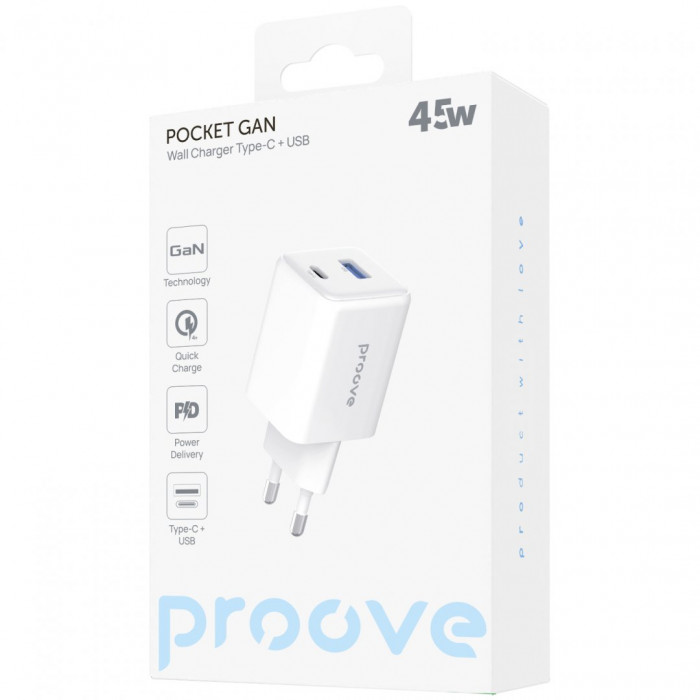 Мережевий зарядний пристрій Proove Pocket GaN 45W Type-C+USB White (WCPG45110002)