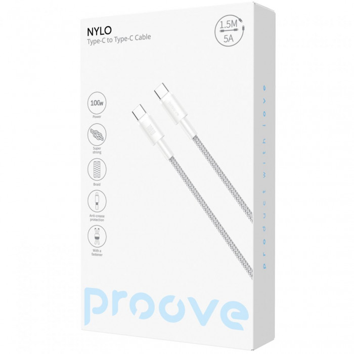 Кабель Proove Nylo Type-C to Type-C 100W (1.5m) White (CCPN11002202)