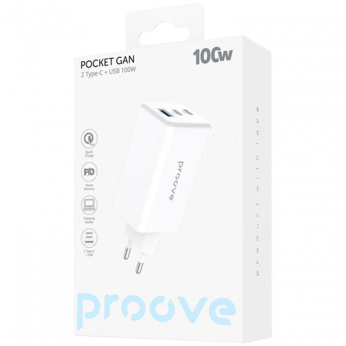 Мережевий зарядний пристрій Proove Pocket GaN Max 100W (2Type-C + USB) White (WCPG10012202)