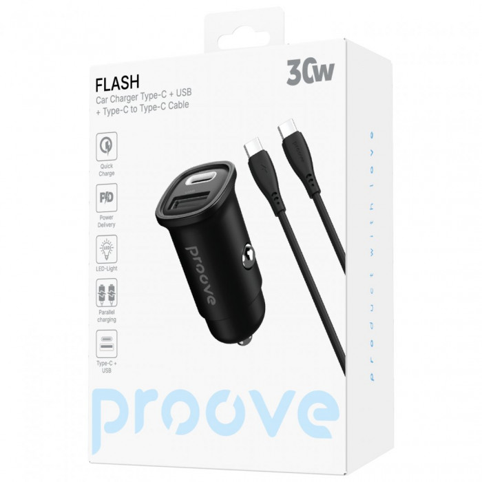 Автомобільний зарядний пристрій Proove Flash 30W (Type-C + USB) + кабель Type-C to Type-C Black (CCFC30111201)