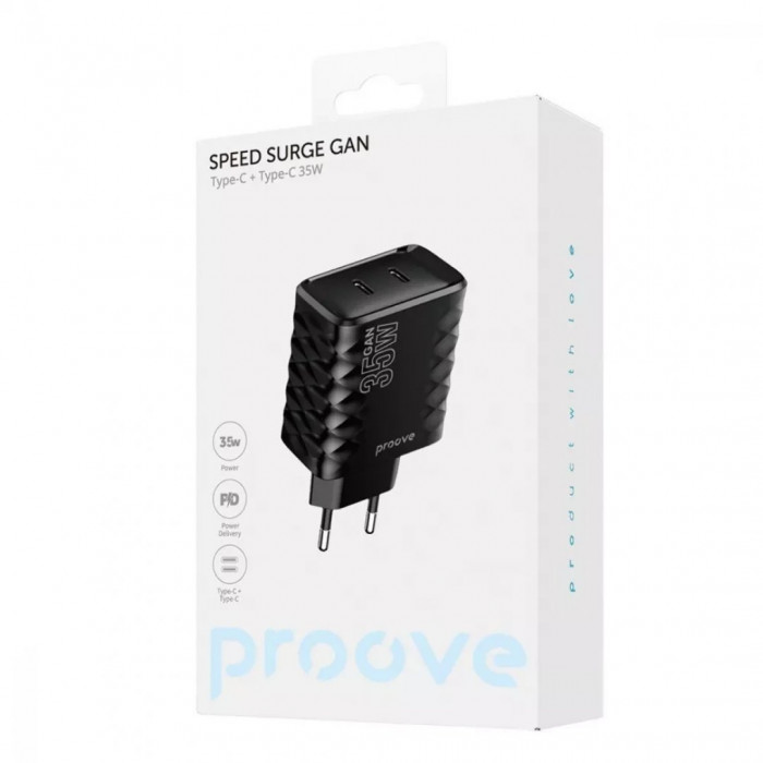 Мережевий зарядний пристрій Proove Speed Surge GaN 35W Type-C + Type-C Black (WCSS30020001)