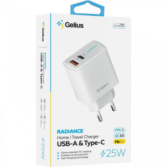 Мережевий зарядний пристрій Gelius Radiance Type-C+USB 25W White + кабель Lightning (GP-HC058)