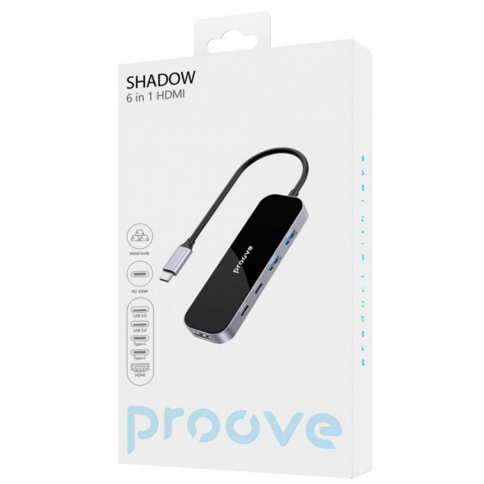 Type-C хаб Proove Shadow (2*USB3.0 + Type-C + PD100W + HDMI) Dark Gray (HBSW10221205)