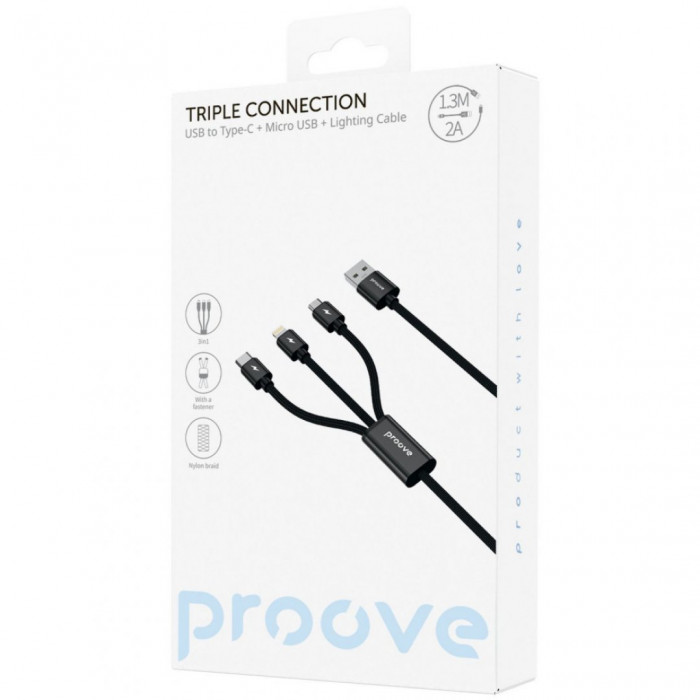 Кабель Proove Triple Connection 3 in 1 Type-C + Micro USB + Lightning (1.3m) Black (CCTC15001501)