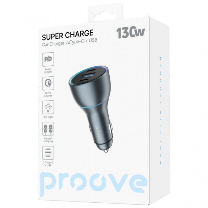 Автомобільний зарядний пристрій Proove Super Charge 130W (2 Type-C + USB) Metal Gray (ACSC13120004)
