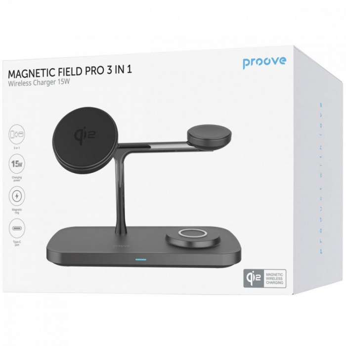 Бездротовий зарядний пристрій Proove Magnetic Field Pro 3 in 1 Qi2 Black (WSMP15002001)