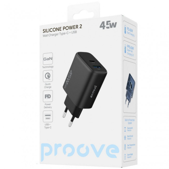 Мережевий зарядний пристрій Proove Silicone Power 2 45W (Type-C+USB) Black (WCSP24110001)
