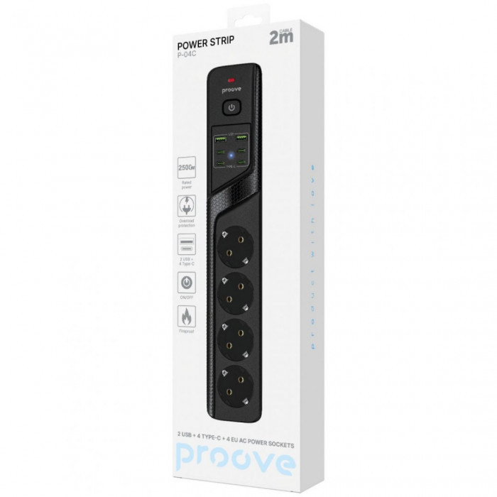 Мережевий фільтр Proove Power Strip P-04C (4 розетки + 2 USB + 4 Type-C) 2М Black (PSPS25002421)