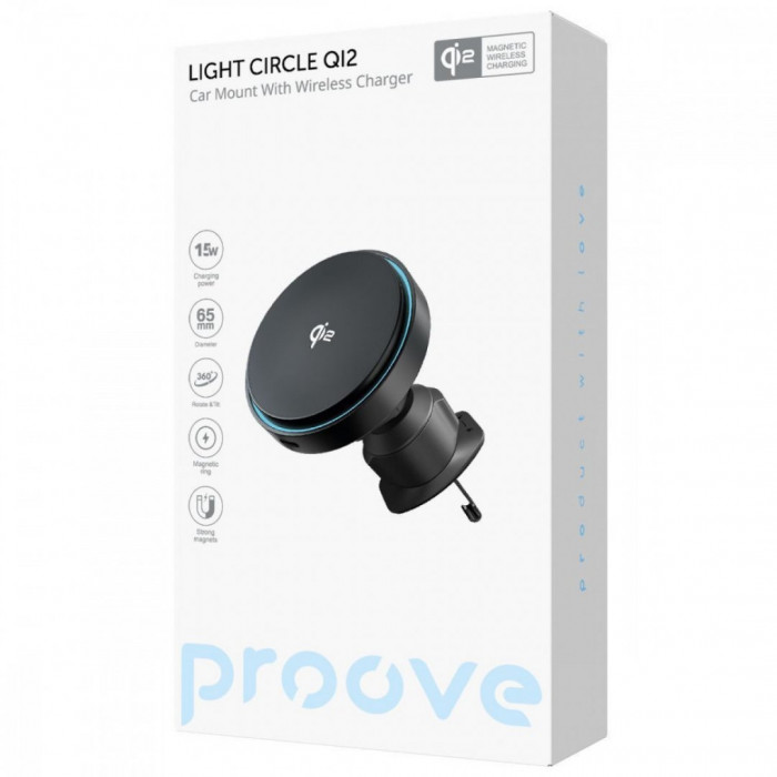 Автомобільний тримач з бездротовою зарядкою Proove Light Circle Qi2 15W Black (WHLC15010002)