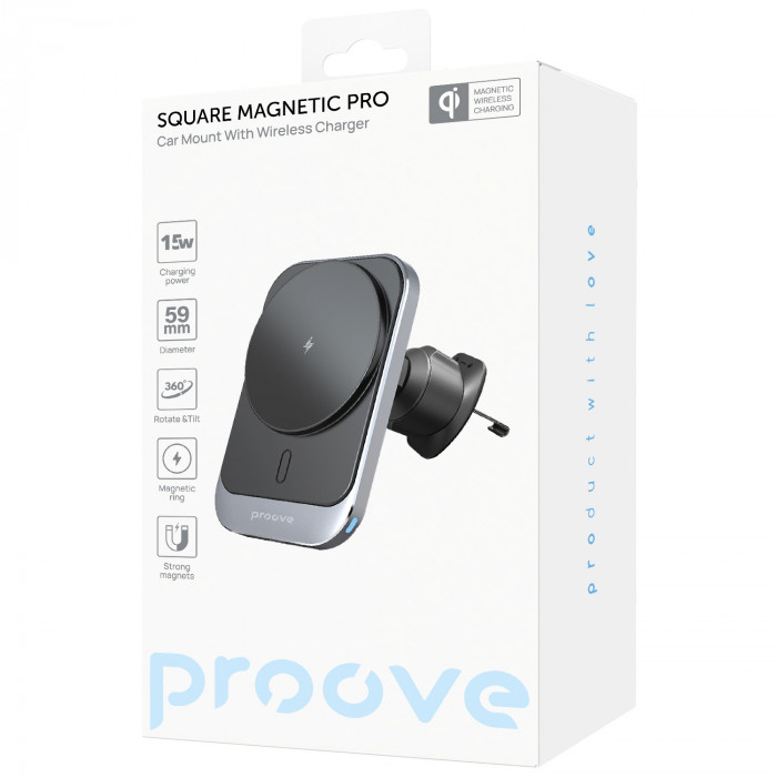 Автодержатель с беспроводной зарядкой Proove Square Magnetic Pro 15W Gray (WHSP15010004)