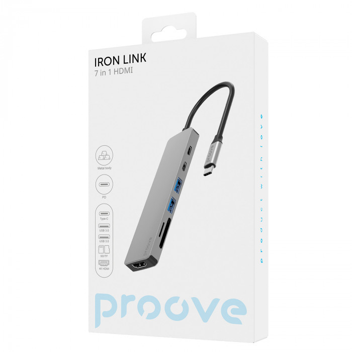 Type-C HUB Proove Iron Link 7in1 2USB+SD/TF+2USB-C+HDMI (HBIL00222004)