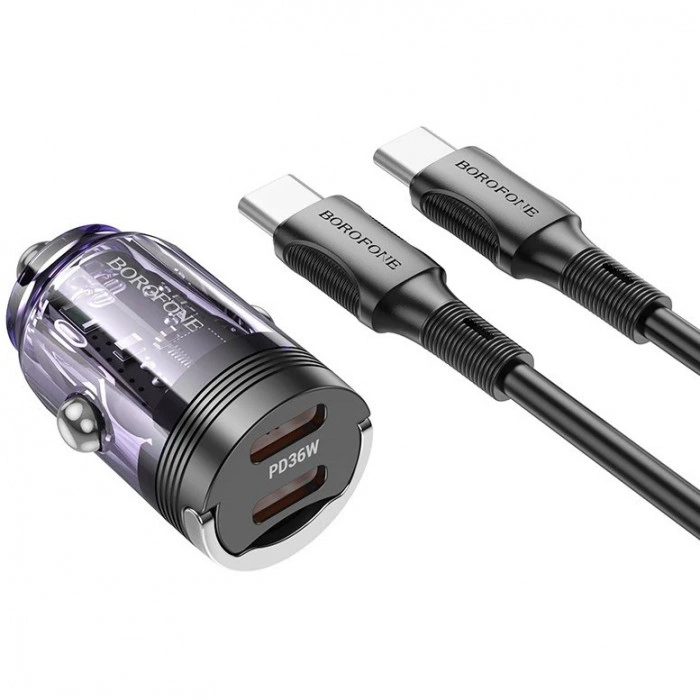 Автомобільний зарядний пристрій Borofone BZ29B PD36W + Type-C to Type-C Transparent Purple